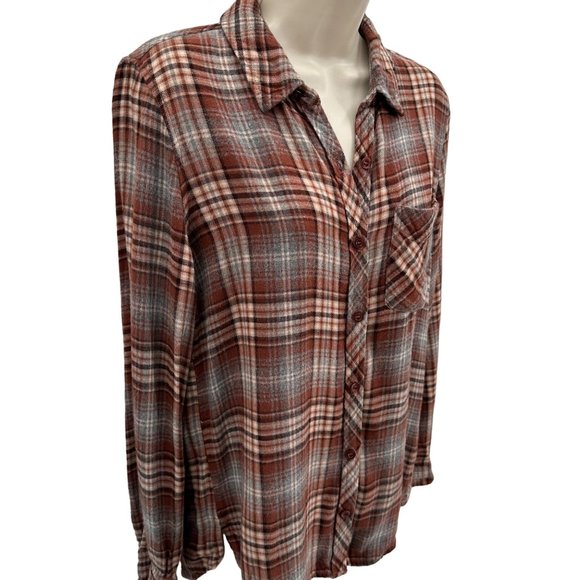 Becool Womens Brown Plaid Flannel Button Long Sleeve Shirt Size S - Picture 2 of 6